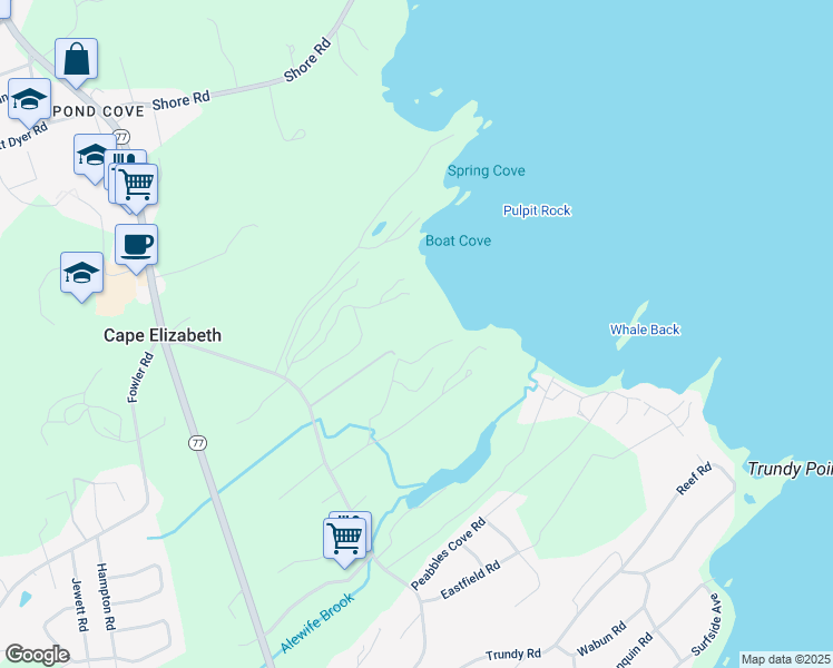 map of restaurants, bars, coffee shops, grocery stores, and more near 40 Boat Cove Road in Cape Elizabeth