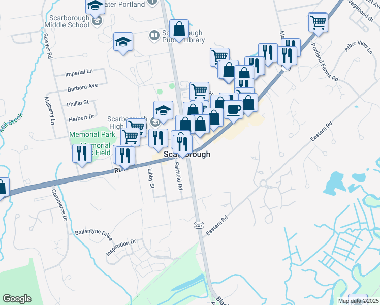 map of restaurants, bars, coffee shops, grocery stores, and more near U.S. Route 1 in Scarborough