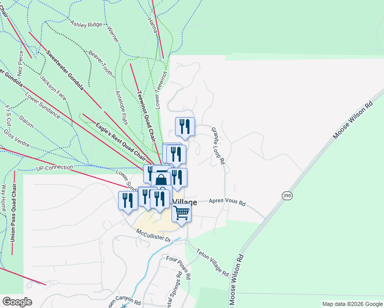 map of restaurants, bars, coffee shops, grocery stores, and more near 7511-7613 Granite Loop Road in Teton Village