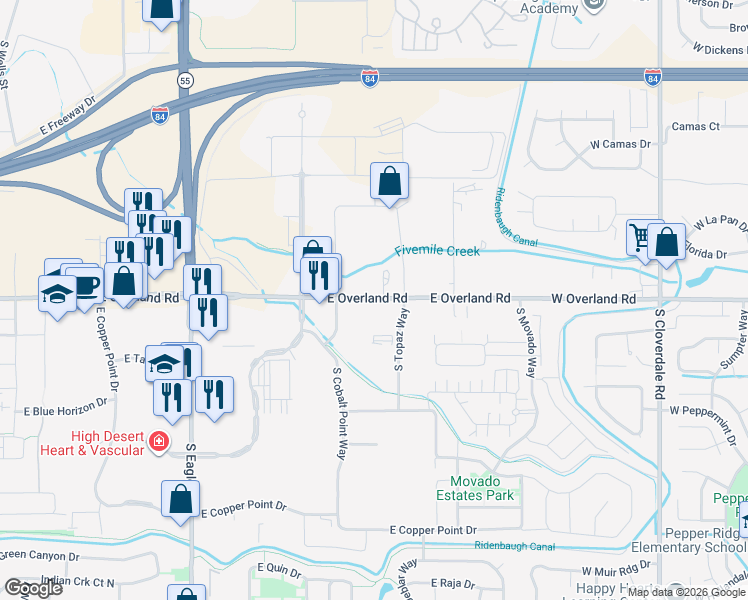 map of restaurants, bars, coffee shops, grocery stores, and more near 3875 East Overland Road in Meridian