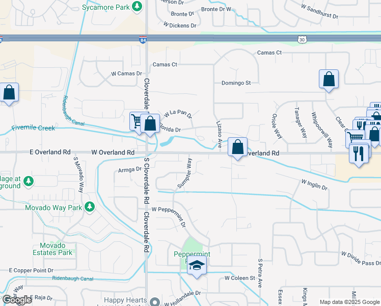 map of restaurants, bars, coffee shops, grocery stores, and more near 11961 West Overland Road in Boise