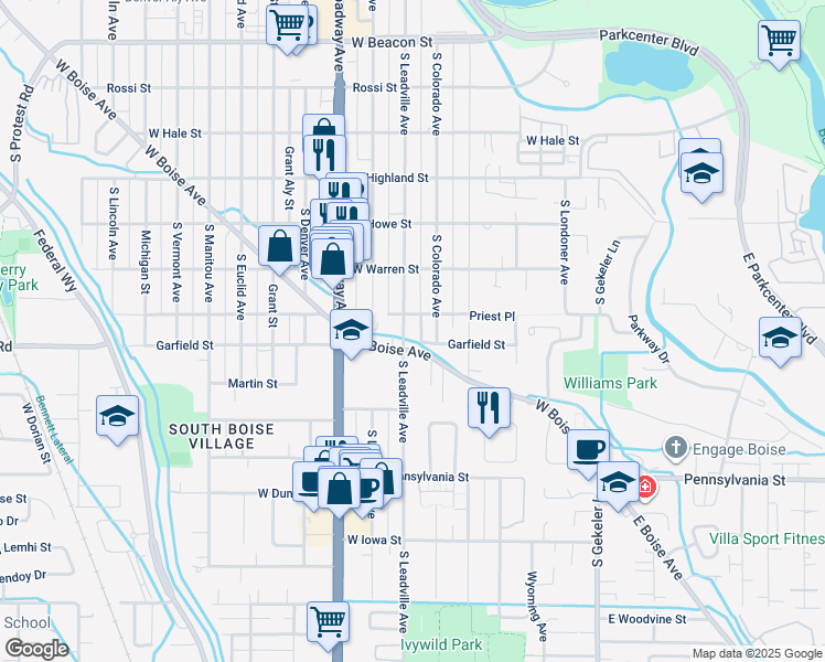 map of restaurants, bars, coffee shops, grocery stores, and more near 1856 South Leadville Avenue in Boise