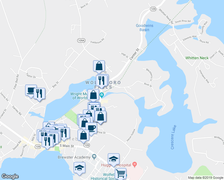 map of restaurants, bars, coffee shops, grocery stores, and more near 15 River Street in Wolfeboro
