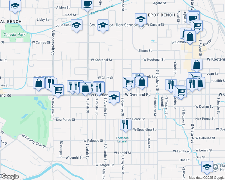 map of restaurants, bars, coffee shops, grocery stores, and more near 3416 West Overland Road in Boise