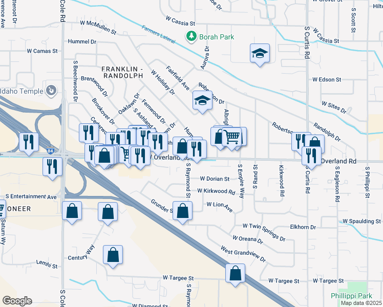map of restaurants, bars, coffee shops, grocery stores, and more near 6573 West Overland Road in Boise