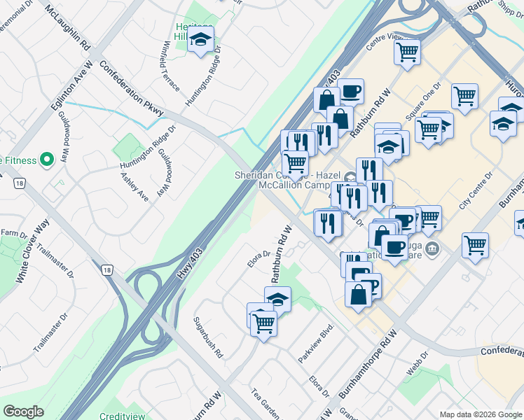 map of restaurants, bars, coffee shops, grocery stores, and more near 349 Rathburn Road West in Mississauga