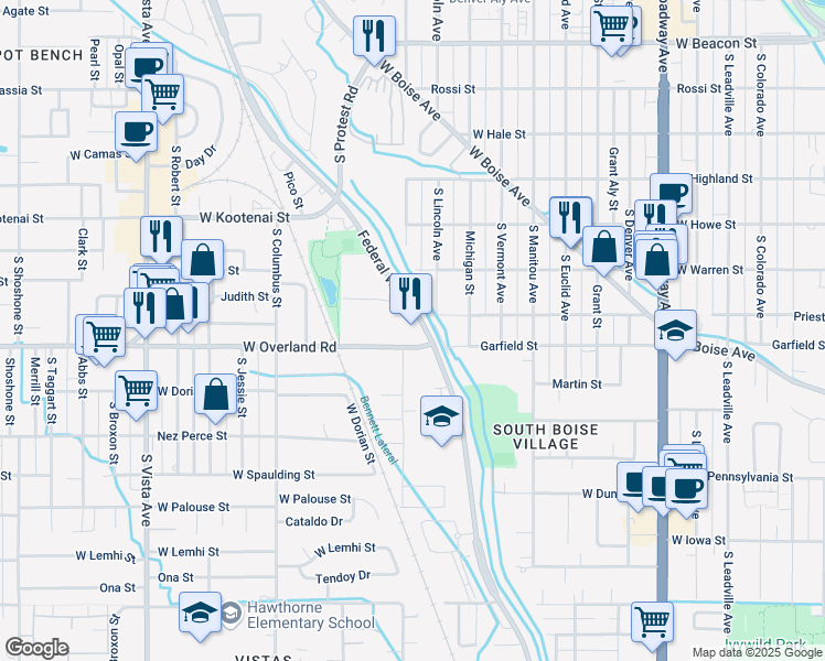 map of restaurants, bars, coffee shops, grocery stores, and more near 1800 West Overland Road in Boise