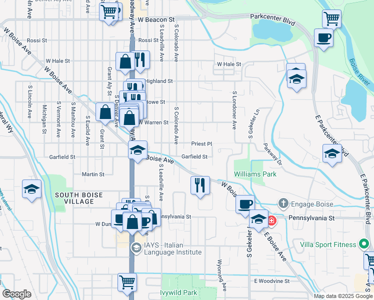 map of restaurants, bars, coffee shops, grocery stores, and more near 1821 Division Avenue in Boise