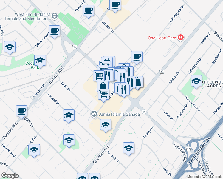 map of restaurants, bars, coffee shops, grocery stores, and more near in Mississauga