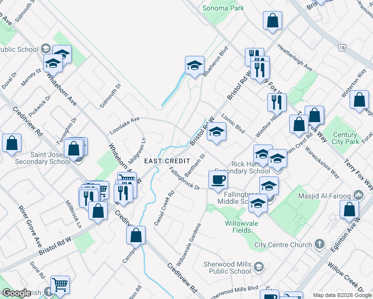 map of restaurants, bars, coffee shops, grocery stores, and more near 85 Bristol Road West in Mississauga