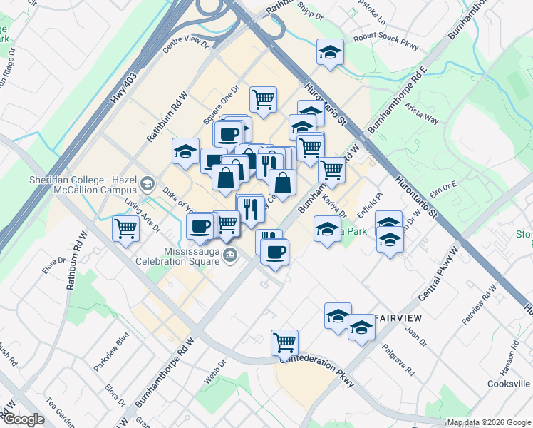map of restaurants, bars, coffee shops, grocery stores, and more near 4050 The Exchange in Mississauga