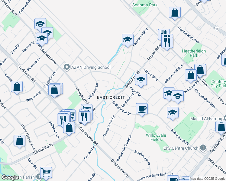map of restaurants, bars, coffee shops, grocery stores, and more near 1285 Bristol Road West in Mississauga