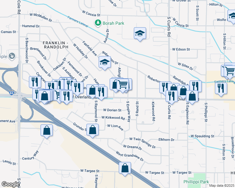 map of restaurants, bars, coffee shops, grocery stores, and more near 6305 West Overland Road in Boise