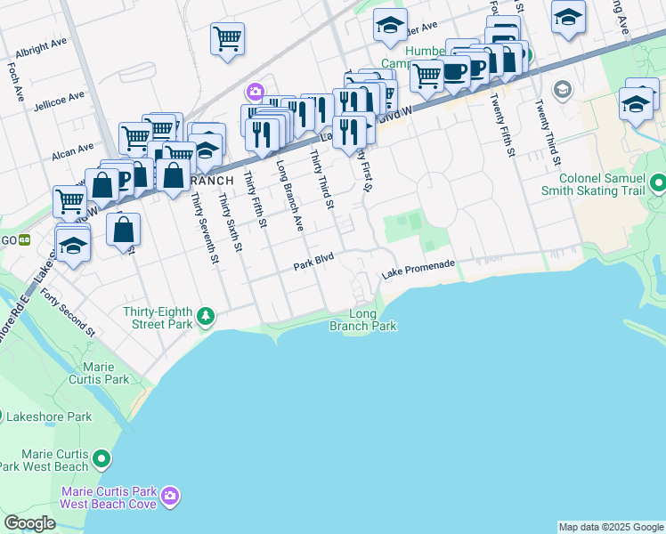 map of restaurants, bars, coffee shops, grocery stores, and more near 31 Park Boulevard in Toronto
