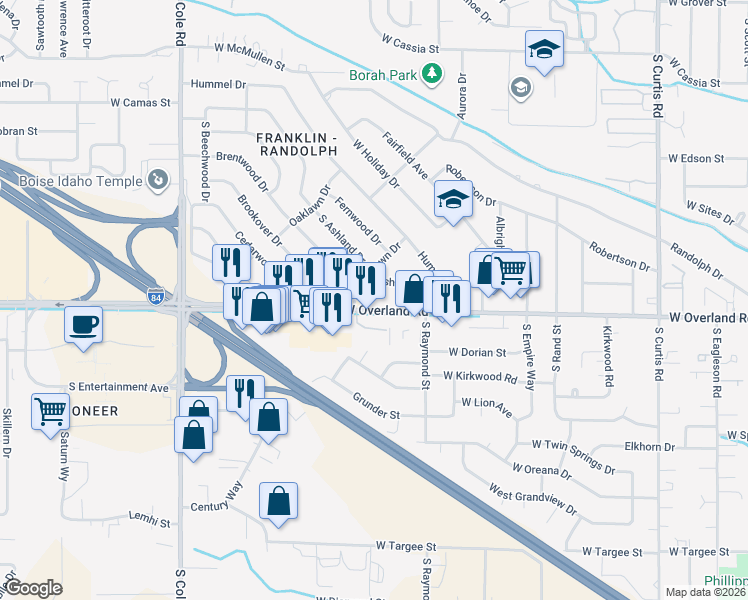 map of restaurants, bars, coffee shops, grocery stores, and more near 6803 West Overland Road in Boise