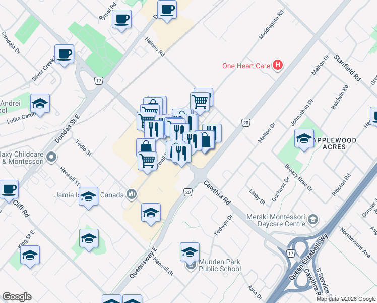 map of restaurants, bars, coffee shops, grocery stores, and more near 2355 Cawthra Road in Mississauga