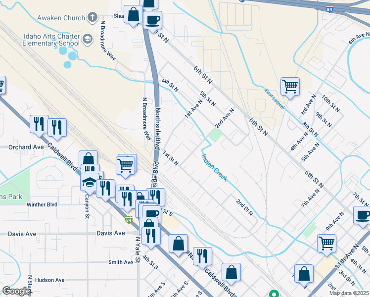 map of restaurants, bars, coffee shops, grocery stores, and more near 119 2nd Avenue North in Nampa