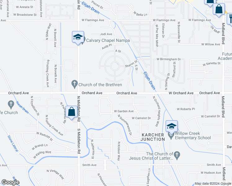 map of restaurants, bars, coffee shops, grocery stores, and more near 2205 West Orchard Avenue in Nampa