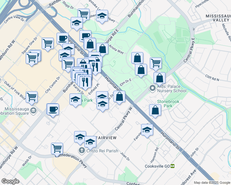 map of restaurants, bars, coffee shops, grocery stores, and more near in Mississauga