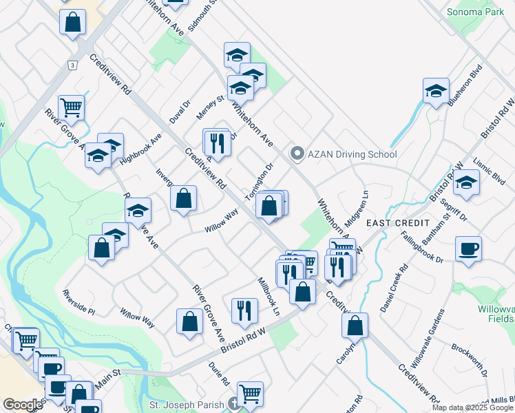 map of restaurants, bars, coffee shops, grocery stores, and more near in Mississauga