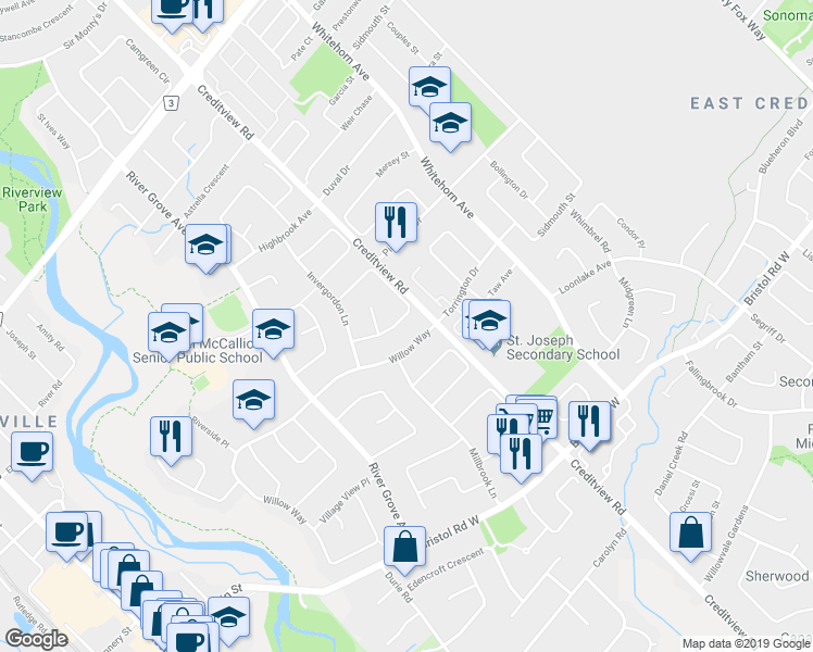 map of restaurants, bars, coffee shops, grocery stores, and more near in Mississauga