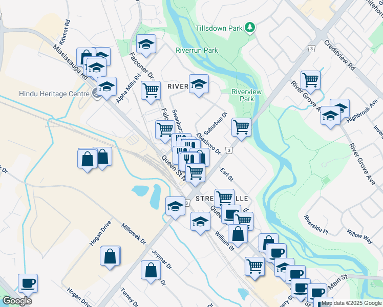 map of restaurants, bars, coffee shops, grocery stores, and more near 53 Queen Street North in Mississauga