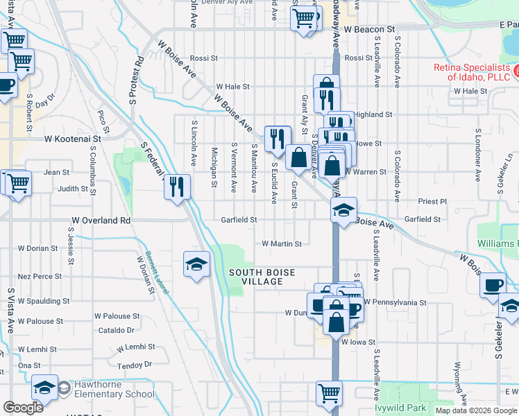 map of restaurants, bars, coffee shops, grocery stores, and more near 1819 South Manitou Avenue in Boise