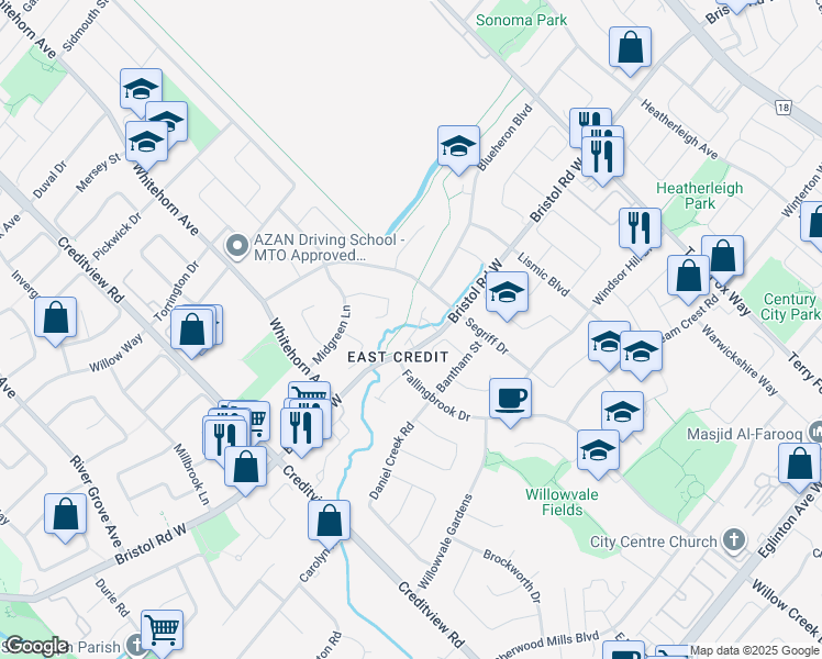 map of restaurants, bars, coffee shops, grocery stores, and more near 1265 Bristol Road West in Mississauga
