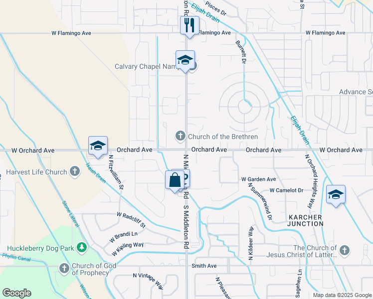 map of restaurants, bars, coffee shops, grocery stores, and more near Orchard Ave & N Middleton Rd in Nampa
