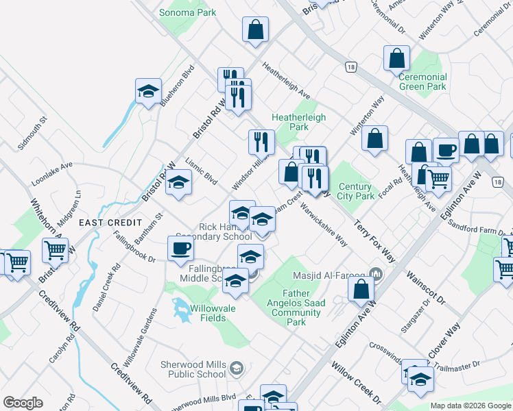 map of restaurants, bars, coffee shops, grocery stores, and more near 5244 Cinnamon Road in Mississauga