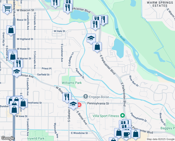 map of restaurants, bars, coffee shops, grocery stores, and more near 315 Schmeizer Lane in Boise