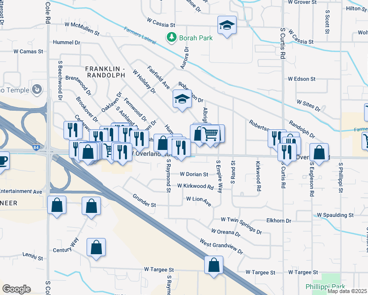 map of restaurants, bars, coffee shops, grocery stores, and more near 6500 West Overland Road in Boise