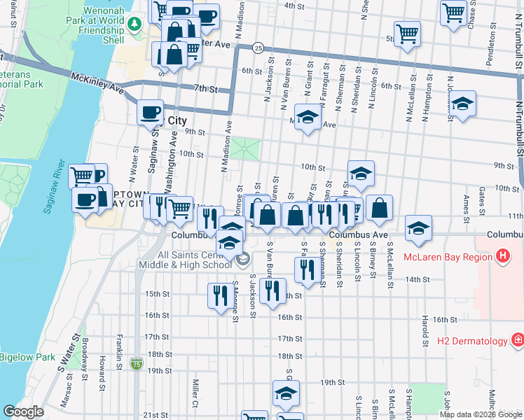 map of restaurants, bars, coffee shops, grocery stores, and more near 114 North Jackson Street in Bay City