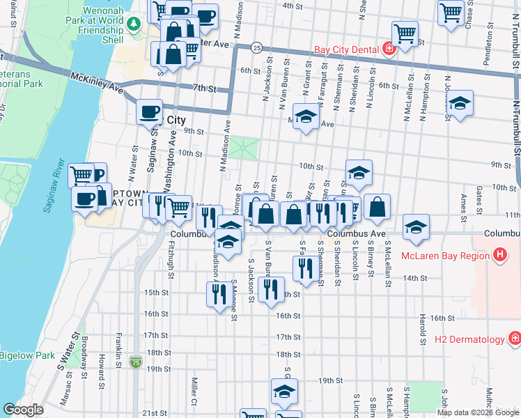 map of restaurants, bars, coffee shops, grocery stores, and more near 114 North Jackson Street in Bay City