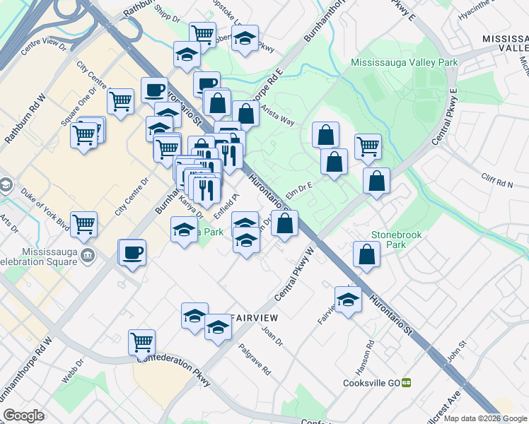 map of restaurants, bars, coffee shops, grocery stores, and more near 33 Elm Drive West in Mississauga