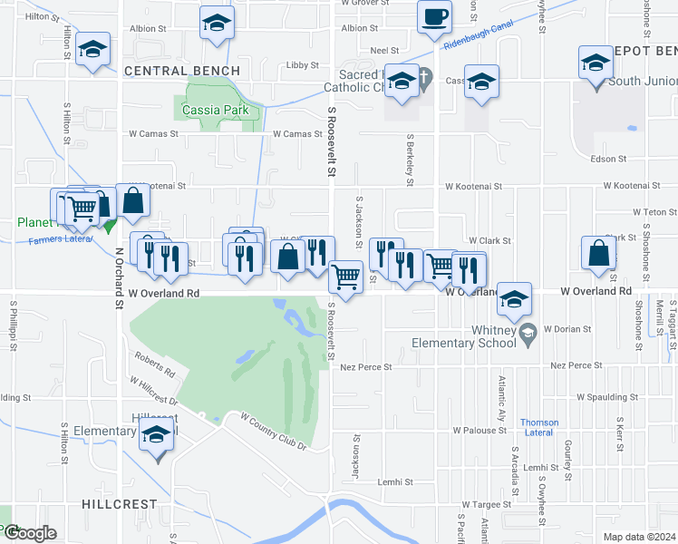 map of restaurants, bars, coffee shops, grocery stores, and more near 4210 West Overland Road in Boise