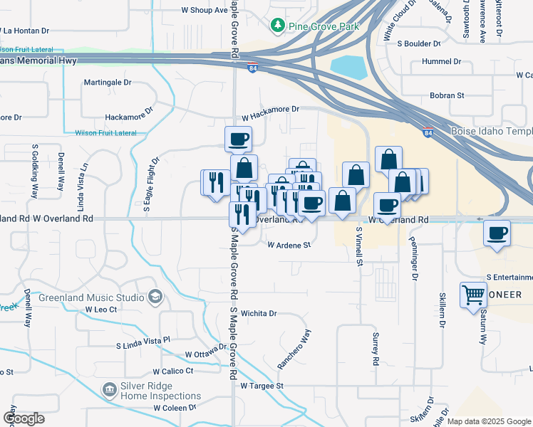 map of restaurants, bars, coffee shops, grocery stores, and more near 1630 s Hadley Avenue in Boise