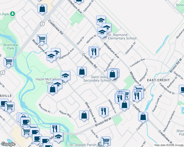 map of restaurants, bars, coffee shops, grocery stores, and more near 1684 Moongate Crescent in Mississauga
