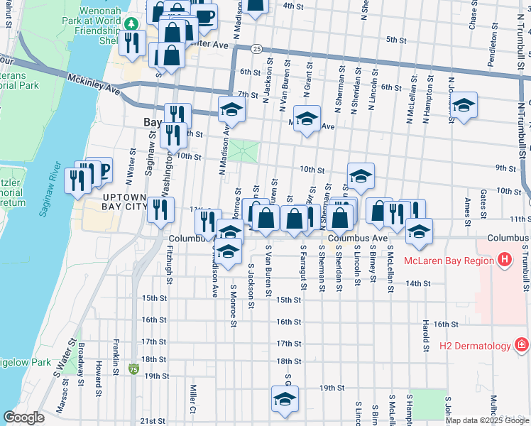 map of restaurants, bars, coffee shops, grocery stores, and more near 114 North Jackson Street in Bay City