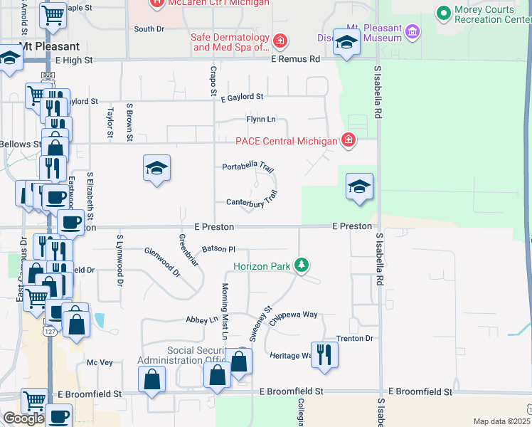 map of restaurants, bars, coffee shops, grocery stores, and more near 1512 East Preston in Mount Pleasant