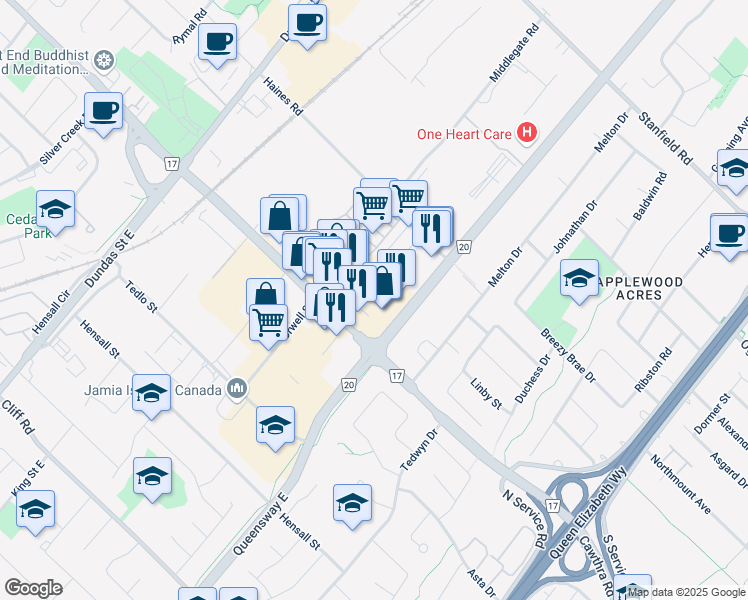 map of restaurants, bars, coffee shops, grocery stores, and more near 755 Queensway East in Mississauga