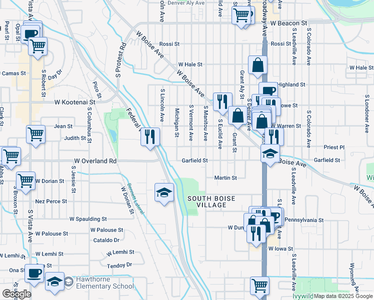 map of restaurants, bars, coffee shops, grocery stores, and more near 1801 South Vermont Avenue in Boise