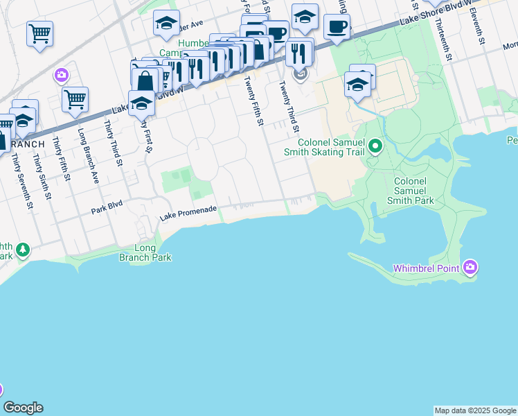 map of restaurants, bars, coffee shops, grocery stores, and more near 67 Lake Promenade in Toronto