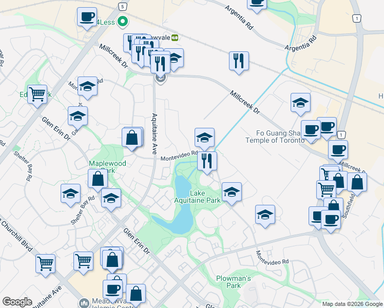 map of restaurants, bars, coffee shops, grocery stores, and more near 6500 Montevideo Road in Mississauga