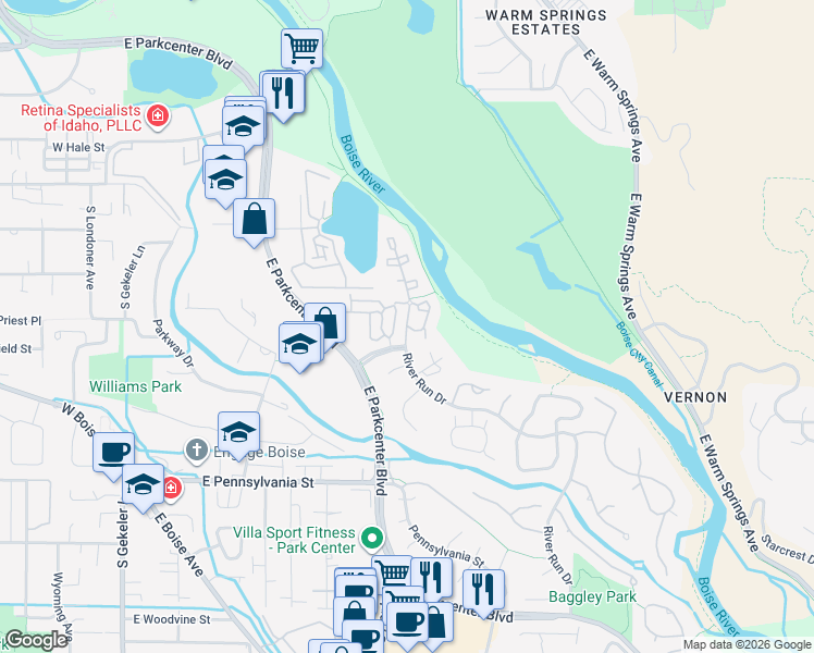 map of restaurants, bars, coffee shops, grocery stores, and more near 1679 South Riverstone Lane in Boise
