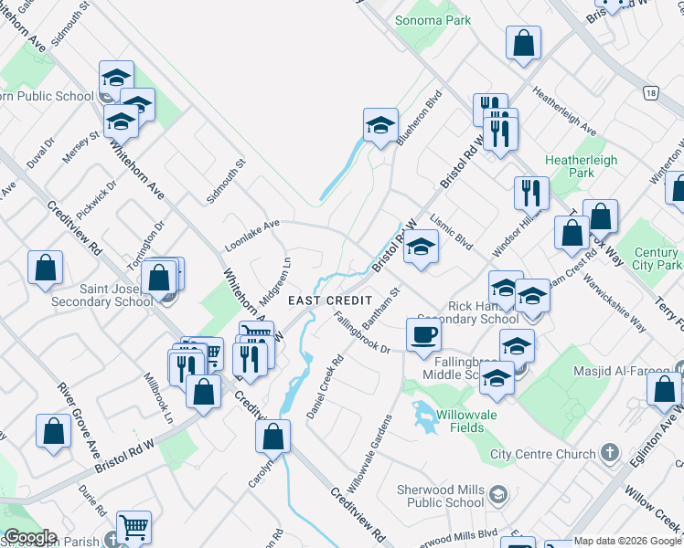 map of restaurants, bars, coffee shops, grocery stores, and more near 1285 Bristol Road West in Mississauga