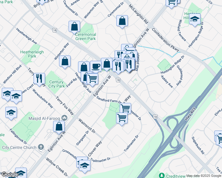 map of restaurants, bars, coffee shops, grocery stores, and more near 4736 Alana Glen Drive in Mississauga