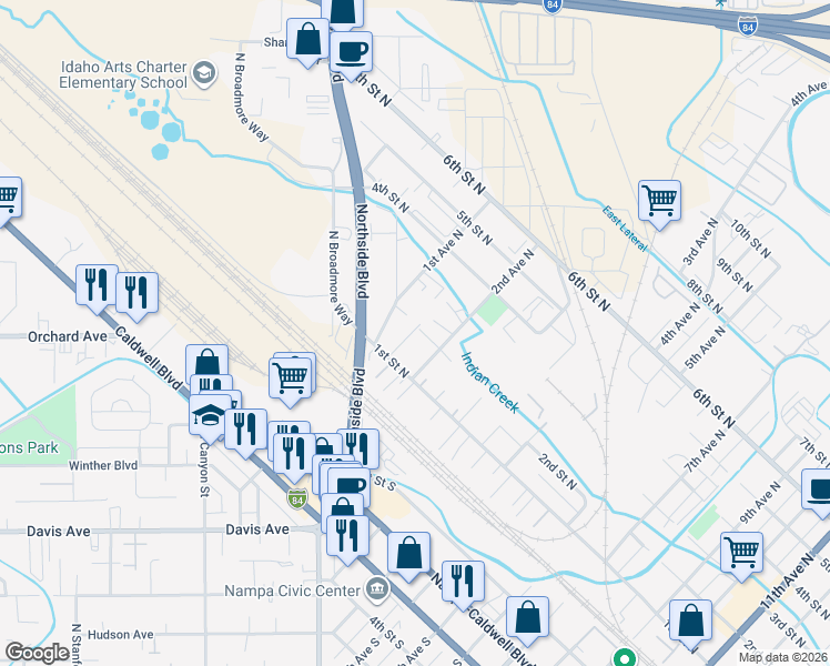 map of restaurants, bars, coffee shops, grocery stores, and more near 119 2nd Avenue North in Nampa