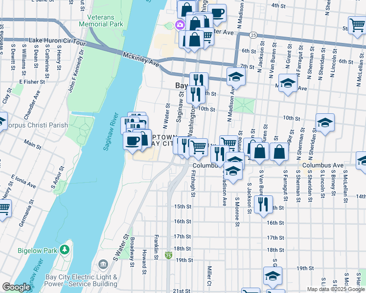 map of restaurants, bars, coffee shops, grocery stores, and more near 115 Washington Avenue in Bay City