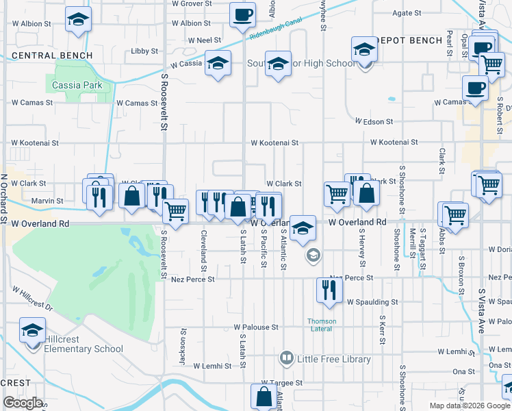 map of restaurants, bars, coffee shops, grocery stores, and more near in Boise